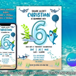 Shark Birthday Invitation, Boy Shark Birthday Party, Editable Shark Party Invite, Under The Sea Invite, Shark Printable, Editable Template