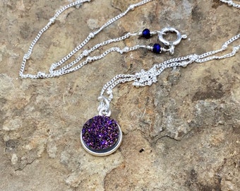 Sparkly Purple Druzy Pendant with Sterling Silver Satellite Chain