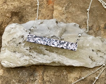 Rhodium Plated Hammered Bar Pendant with Sterling Silver Satellite Chain