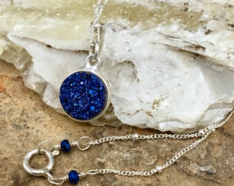 Blue Druzy Pendant with Sterling Silver Satellite Chain