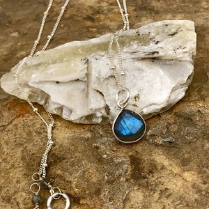 TIny Sterling Bezel Set Labradorite Pendant With Sterling Silver Satellite Chain