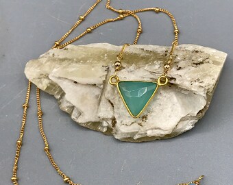 Aqua Chalcedony Triangle Shaped Pendant with Gold Filed Satellite Chain