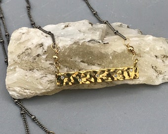 Gold Hammered Bar Pendant with Satellite Chain
