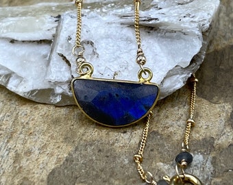 Gold Filled Half Moon Shaped  Labradorite Pendant with Go.d Filled Satellite Chain