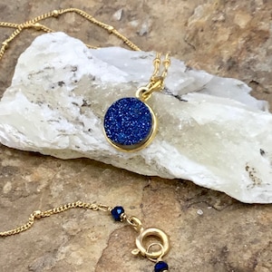 Blue Druzy Pendant Bezel set in  Gold Vermeil with Gold Filled Satellite Chain