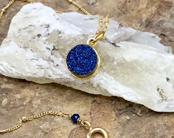 Blue Druzy Pendant Bezel set in  Gold Vermeil with Gold Filled Satellite Chain