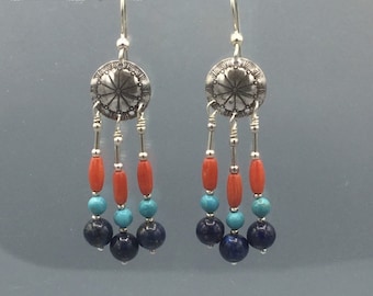 Lapis, Coral and Turquoise Sterling Silver Concho Chandelier Earrings
