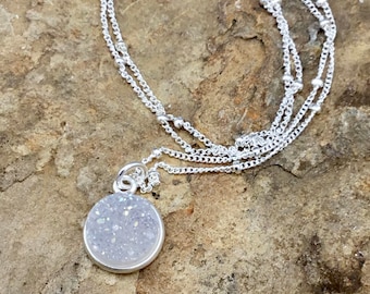 Sparkly White Druzy Pendant with Sterling Silver Satellite Chain