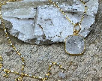 Gold filled Square Shaped Faceted Moonstone Pendant with Gold and Sterling Silver Satellite Chain