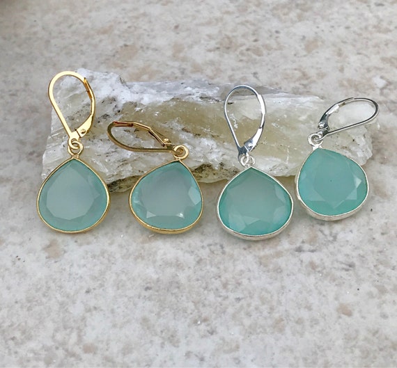 Faceted Blue Chalcedony Earrings Teardrop Shape Sterling Silver Faceted Blue Chalcedony Earrings Teardrop Shape Sterling Silver