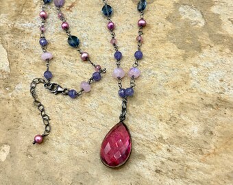 Oxidized Sterling Silver Multi Gemstone Necklace Pink Purple Blue