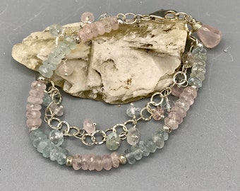 Sterling Silver Aquamarine and Rose Quartz Bracelet