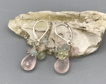 Sterling Silver Rose Quartz and Aquamarine Cluster Earrings