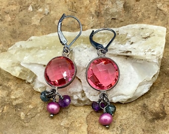 Oxidized Sterling Silver Earrings Multi Gemstone Pink Purple and Blue