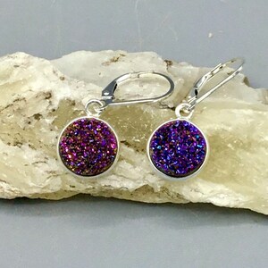Sterling Silver Purple Druzy Leverback Earrings