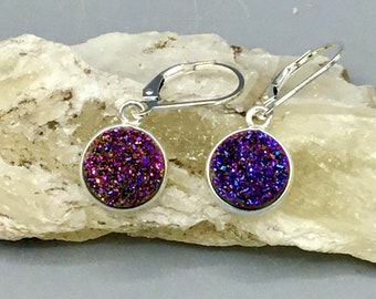 Sterling Silver Purple Druzy Leverback Earrings