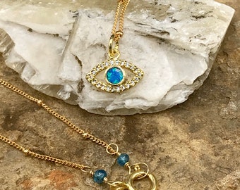 Gold Evil Eye Pendant  Pave CZs ANd Opal with 14k Gold Filled Satellite Chain