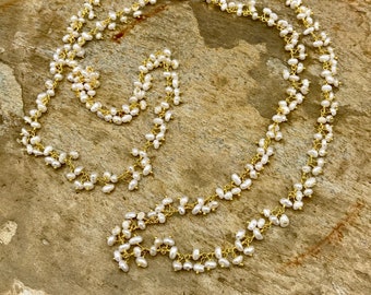 Long Layering Gold filled necklace with  Tiny Dangling Creamy White Freshwater Pearls