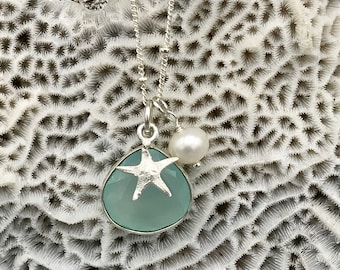 Sterling Silver Aqua Chalcedony Starfish and Pearl Necklace