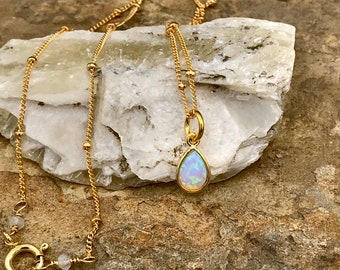 Tiny Opal Teardrop Pendant with 14k Gold Filled Satellite Chain