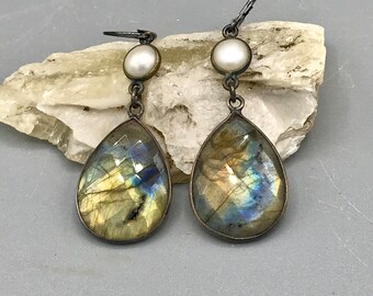 Oxidized Sterling Silver Labradorite and Freshwater Pearl Earrings