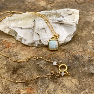 Tiny Square Shaped Opal Pendant wIth 14k Gold Filled Satellite Chain