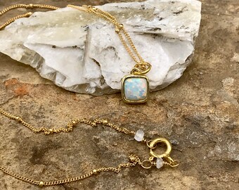 Tiny Square Shaped Opal Pendant wIth 14k Gold Filled Satellite Chain