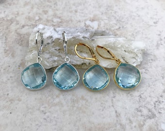 Faceted Aquamarine Quartz Bezel Set Earrings in Sterling Silver or Gold Fill