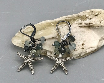 Oxidized Sterling Silver Moss Aquamarine Starfish Earrings