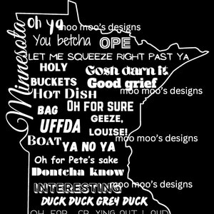 Könnte beinhalten: Eine weiße Umrandung des Bundesstaates Minnesota mit verschiedenen Sätzen und Sprüchen darin, darunter "You betcha", "Gosh darn it", "Good grief", "Oh for sure", "Boat ya no ya", "Don'tcha know", "Interesting", "Duck duck grey duck" und "Oh for crying out loud".