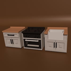 May include: A miniature kitchen set featuring a white cabinet with a wooden countertop, a black stove with four burners, and a white sink cabinet. The set is designed with a classic style and is suitable for a dollhouse or model display.