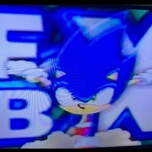 May include: A blue screen displays the character Sonic the Hedgehog, with the letters "FBX" in a blue and white design. The background is a blurred green.