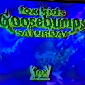 May include: A television screen displays the Fox Kids Goosebumps Saturday logo. The logo features green and yellow text on a blue background, with the Fox logo at the bottom.