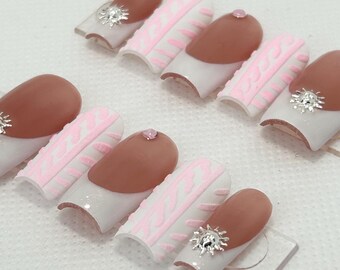 French Tip Press On Nails, Pink Sweater Design, Handmade Gel False Nails