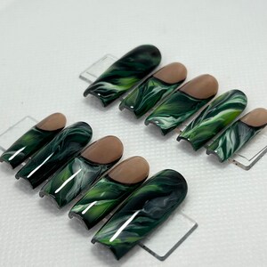 Glow in the dark Green/Black Marble Press On Nails, Handmade Gel False Nails for Birthday Event Party Holiday Vacation Special Occasion