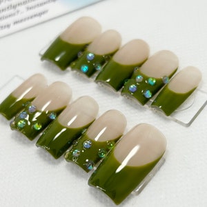 Green French Tip Pearl Press On Nails, Handmade Gel False Nails for Birthday Event Party Holiday Vacation Special Occasion