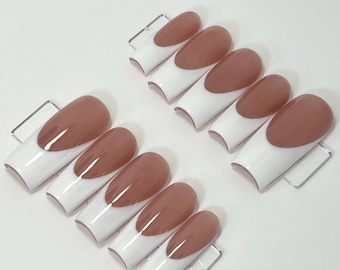 Handmade French Tip Press On Nails, Pink & White Gel Nails