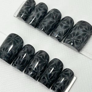 Black Cat Eye Flower Pattern Press On Nails, Handmade Gel False Nails for Birthday Event Party Holiday Vacation Special Occasion