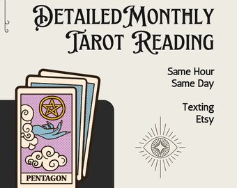 Può includere: Immagine con testo "Detailed Monthly Tarot Reading" su sfondo crema. L'immagine presenta un mazzo di carte dei tarocchi, con una carta pentagono in primo piano. La carta ha una mano, nuvole e un simbolo del pentagono. Il testo dice "Same Hour Same Day" e "Texting Etsy". È presente anche un simbolo dell'occhio.