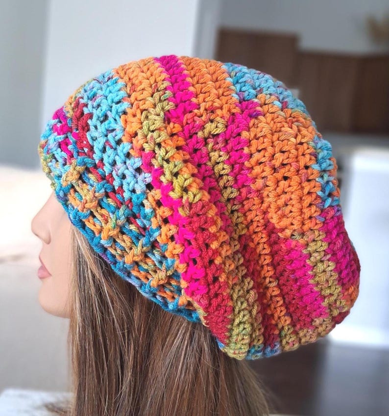 Varigated Ribbed Beanie Pattern Crocheted Slouchy Beanie • Variegated Acrylic Yarn Ribbed Brim Winter ...
