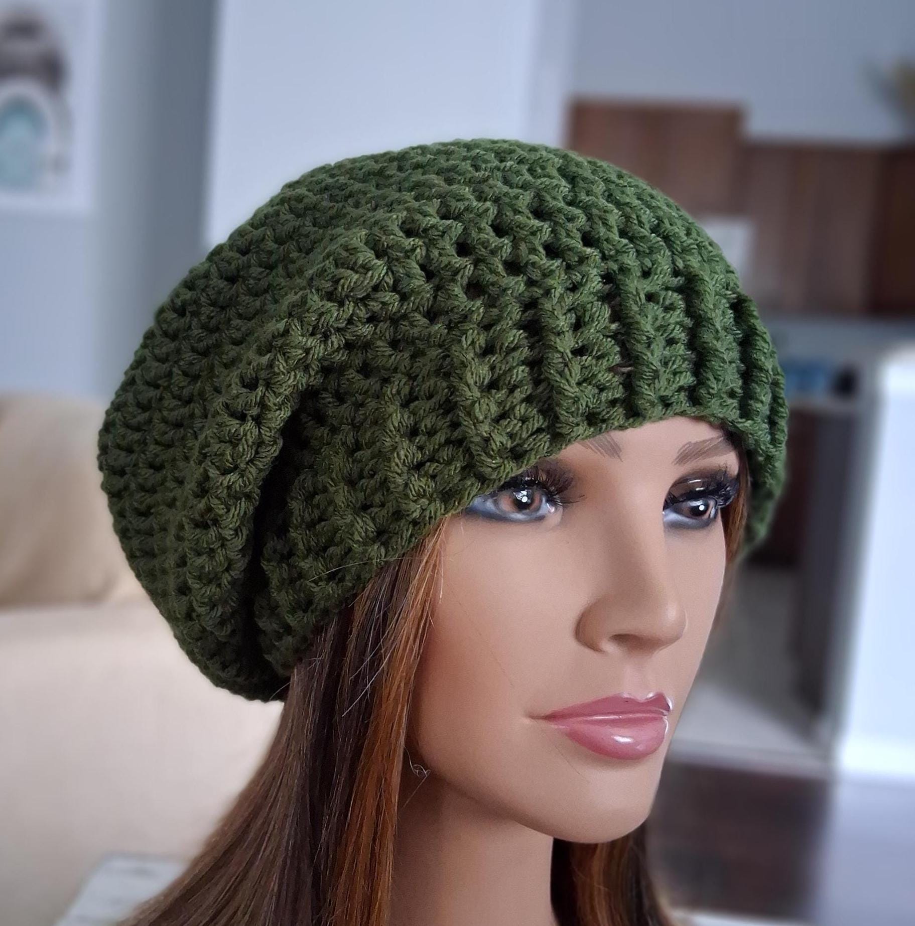 Women\'s Crochet Knitted Style Beanie Slouchy Hat Olive Crochet Textured Slouchy Hat – My Crafty Hook main image 2