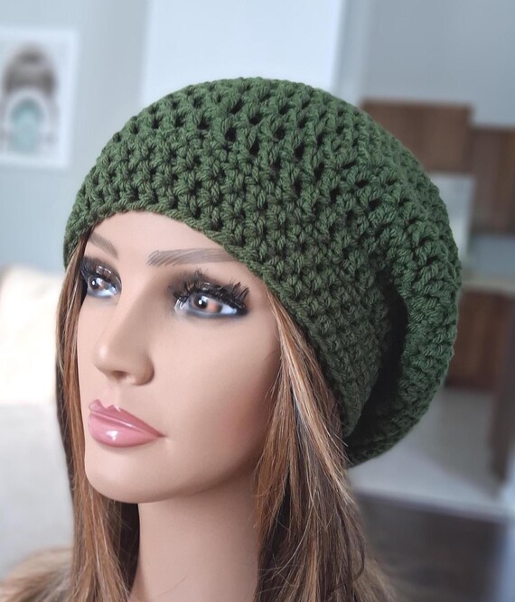 Dark Olive Crocheted Slouchy Beanie • Acrylic Yarn Winter  display picture 1