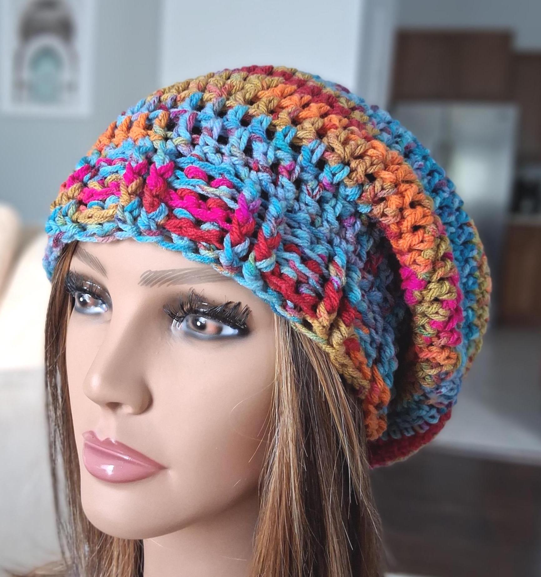 Varigated Ribbed Beanie Pattern Crocheted Slouchy Beanie • Variegated Acrylic Yarn Ribbed Brim Hat - Etsy