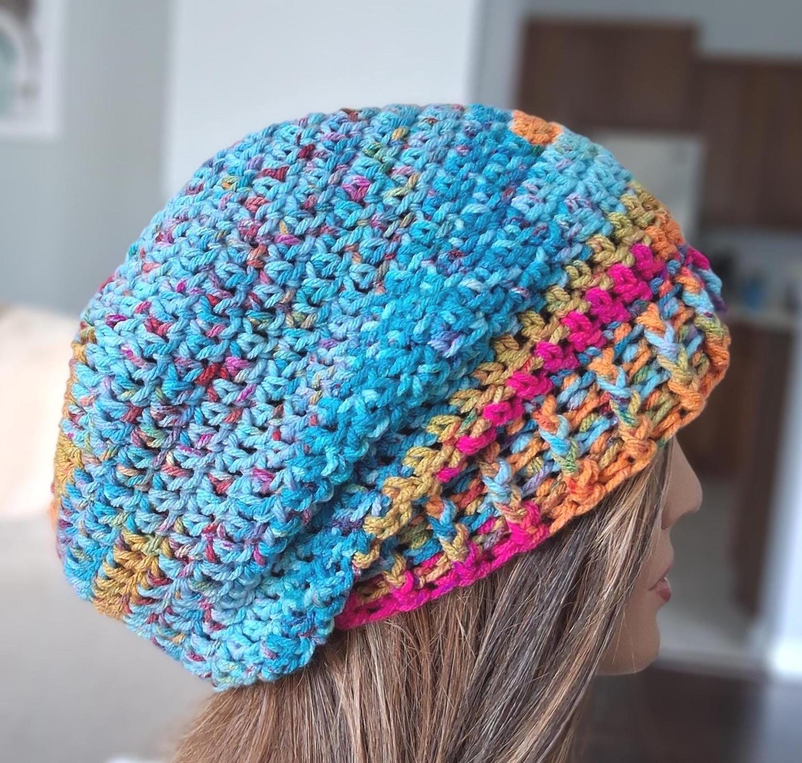 Varigated Ribbed Beanie Pattern Crocheted Slouchy Beanie • Variegated Acrylic Yarn Ribbed Brim Winter ...