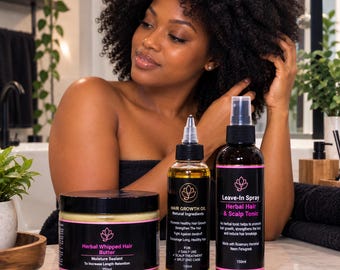 May include: A set of three hair care products including a 250ml jar of Herbal Whipped Hair Butter, a 100ml bottle of Hair Growth Oil with a pointed applicator tip, and a 150ml spray bottle of Leave-In Spray Herbal Hair & Scalp Tonic.