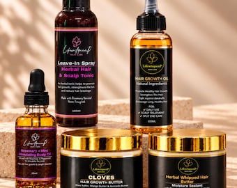 May include: A collection of five hair care products by LifewitquenP including a 50ml Rosemary + Mint Stimulating Scalp Oil, a 150ml Leave-In Spray Herbal Hair & Scalp Tonic, a 100ml Hair Growth Oil, and two 150ml jars of hair butter.