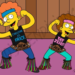 May include: A digital illustration of two yellow-skinned characters in wrestling attire. One wears a blue headband and a black shirt with the text "CHRISTIAN AS FRICK". The other wears a pink headband and a shirt with "YAY JESUS!". Both have "AEW TAG CHAMP" belts.