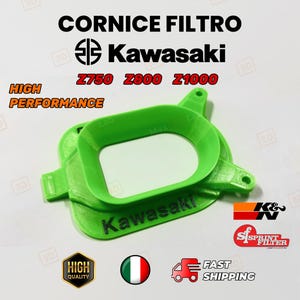 Puede incluir: Una carcasa de filtro de aire Kawasaki verde brillante. El texto en la carcasa dice "Kawasaki", "Z750 Z800 Z1000" y "High Performance". La imagen también incluye los logotipos de K&N y Sprint Filter.