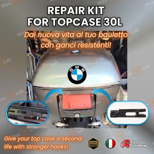 May include: A repair kit for a 30L top case with a BMW logo. The kit includes two black metal hooks and the text "Give your top case a second life with stronger hooks!"