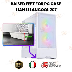 Può includere: Un case per PC bianco Lian Li Lancool 207 con piedini rialzati. L'immagine evidenzia l'altezza di 25 mm dei piedini. Il case presenta un pannello frontale con un design a rete e ventole interne con illuminazione arcobaleno.